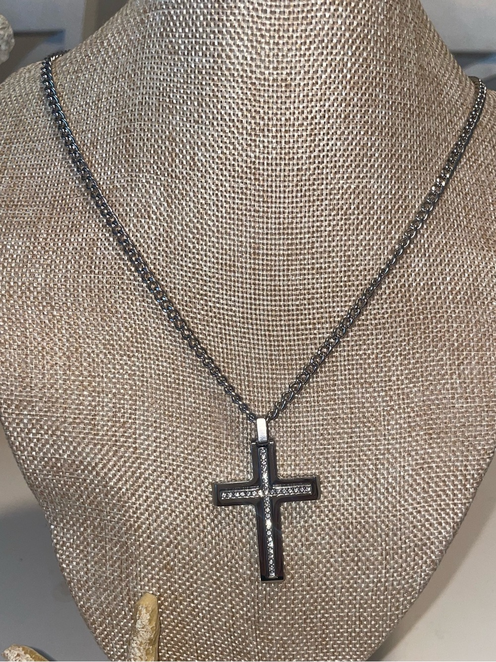 Cross Pendant Necklace in Gunmetal with Pavé Accents